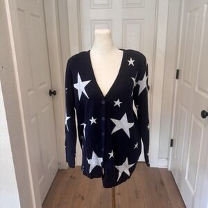 Vtg Prosperity Cardigan‎ Sweater Womens Sz M Navy Blue Stars USA Shoulder Pads